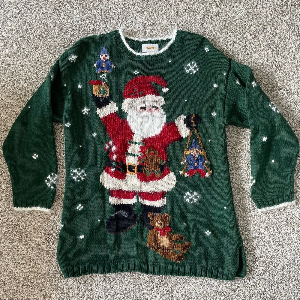 Talbots Green and Red Crewneck Santa Claus Sweater